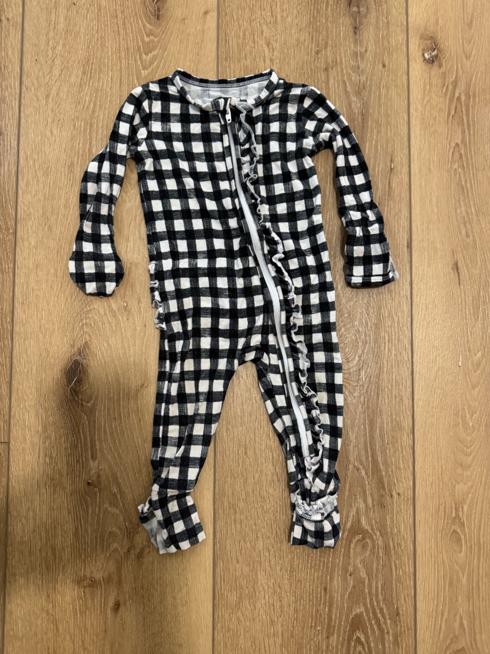 Gigi max Black and White Plaid Ruffle Zip Footless One-Piece Pajamas